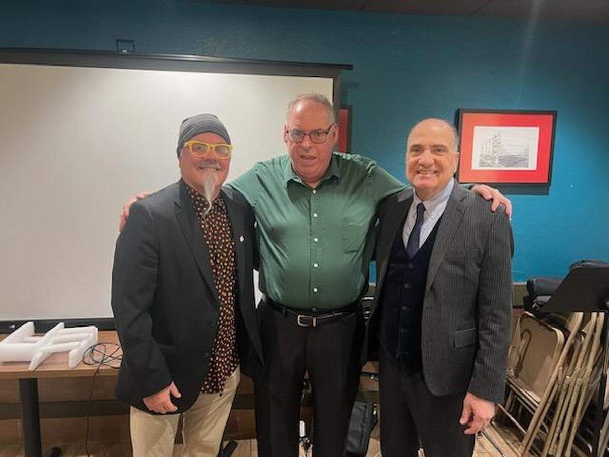 Jimmy Sutman, Pioneer Award winner and founder of Purple Cat and Golden String, pictured with Tom Welsh, local author and historian, and WHMHS chairman, Richard S. Scarsella, at a brief ceremony held before the monthly WHMHS Memories of a Lifetime program.