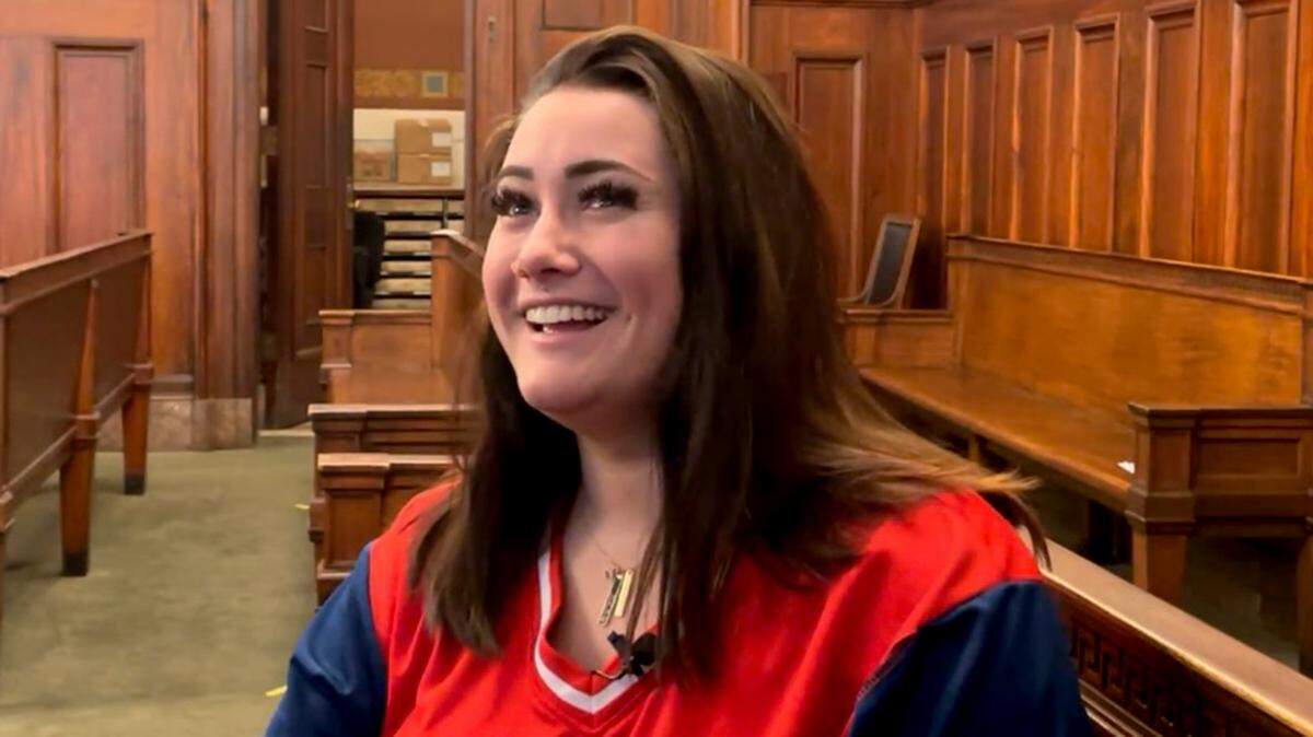 Leila Rood, 20, of Salem, speaks with a reporter at the Mahoning County Courthouse on March 22, 2022.