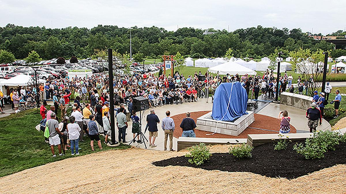 A crowd gathered at Wean Park in Youngstown on Saturday to watch the unveiling of the Robinson-Shuba Commemorative Statue. (Robert K. Yosay | Mahoning Matters)