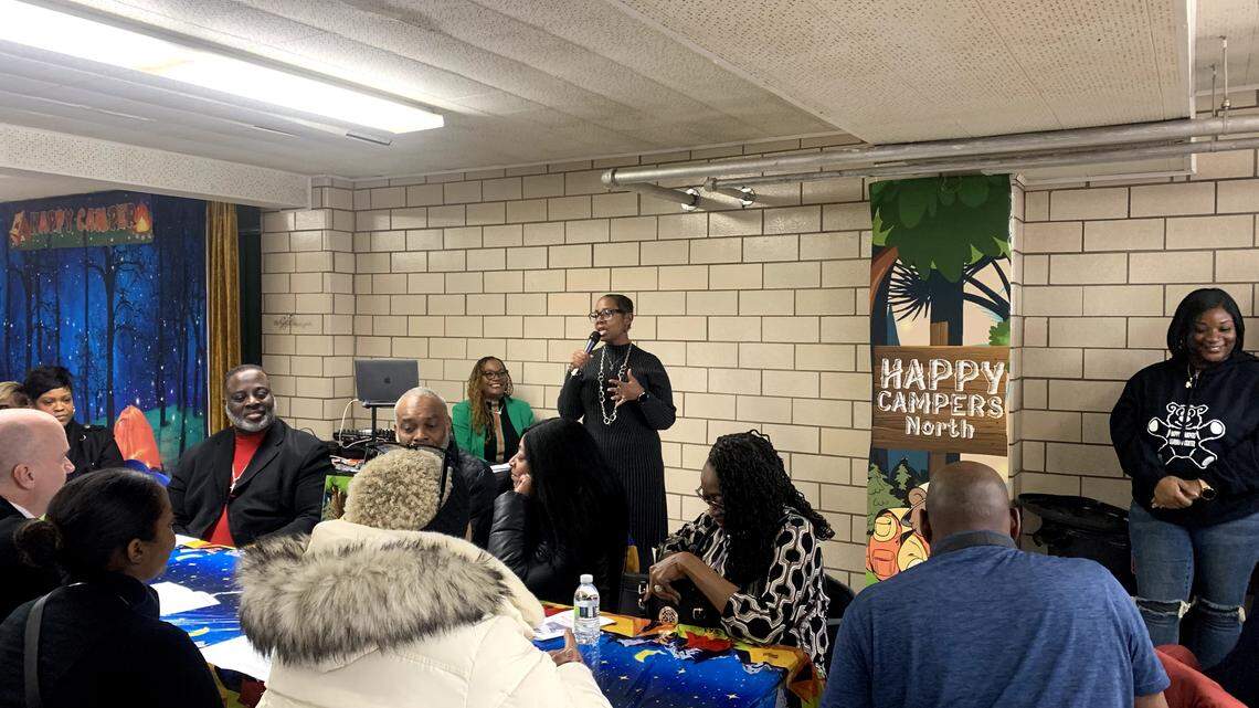 (left to right) Tracy Jordan, Stephanie Gilchrist and Genita Johnson speaking at the grand opening of Happy Campers Learning Center North Campus in Liberty Township.
