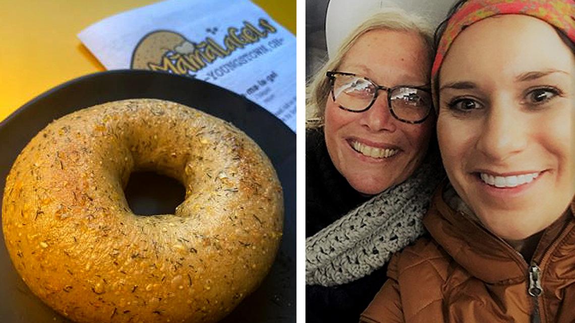 Pictured at right are Sarah Hulea, right, and her mother, Nancy Hulea. With her mother’s help, Sarah started Mamalagel’s in 2019 to fill the need for freshly made bagels in the Mahoning Valley. At left is one of Mamalagel’s bagels. (Contributed photos)