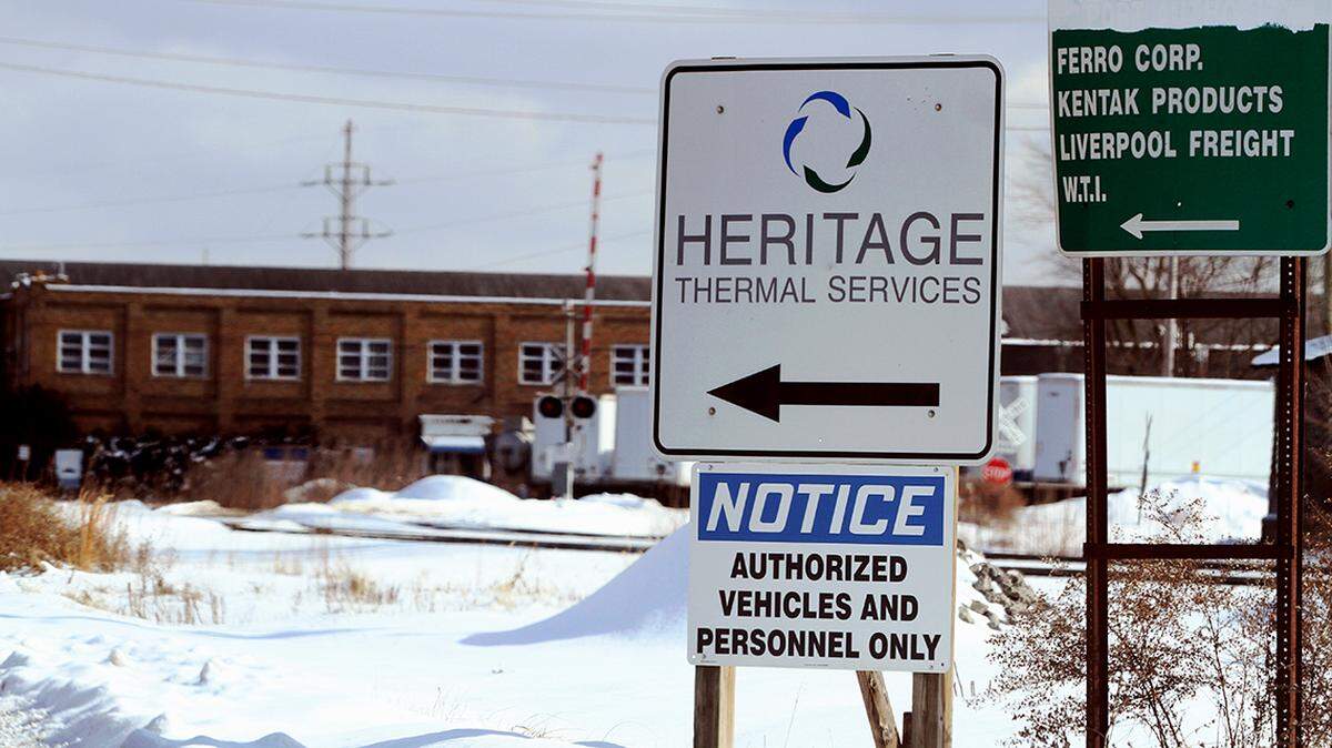 Shown here is a sign outside the Heritage Thermal Services’ site along Saint George Street in East Liverpool, where a hazardous waste incinerator was opened more than 30 years ago.