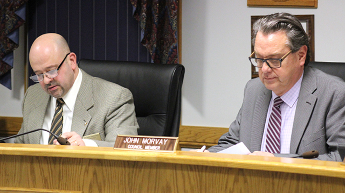 Canfield councilman Anthony Nacarato, left, and two other council members on Wednesday voted against an ordinance that would have allowed indoor gun ranges in the city. Council President John Morvay, right, cast the only affirmative vote. (Justin Dennis | Mahoning Matters)