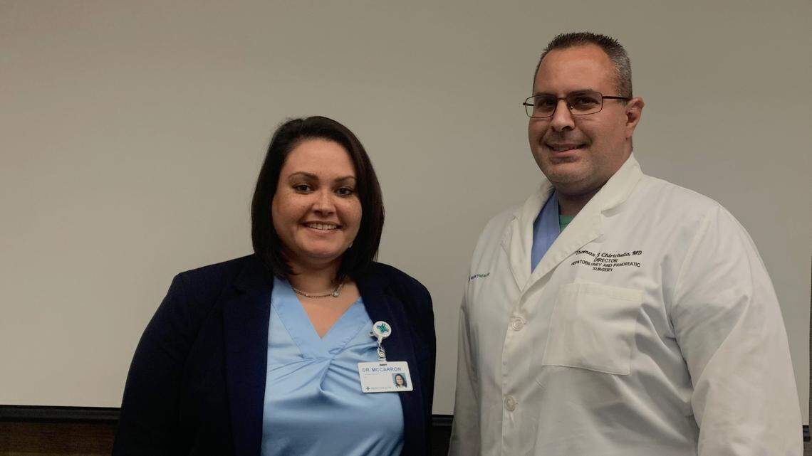 Dr. Frances McCarron and Dr. Tom Chirichella, surgeons in Mercy Health’s hepatobiliary, liver and pancreas treatment, clinic.