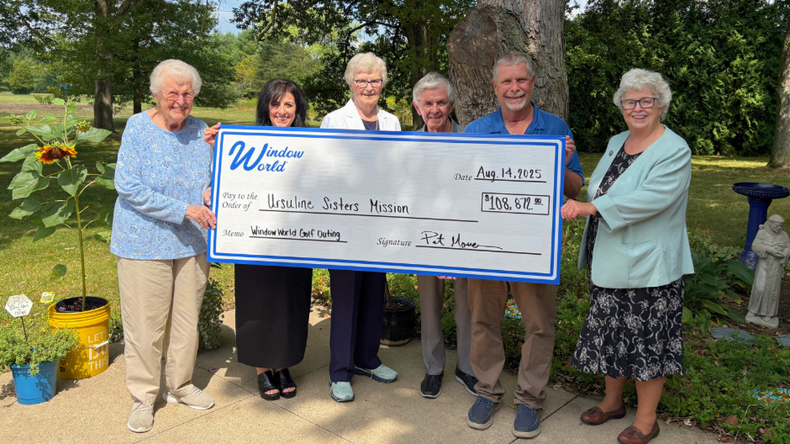 (From left) Sister Janice Kusick, Sheila Donnadio, USM development director, Sister Patricia McNicholas, USM donor relations director, Fred Moran, co-owner of Window World, Boardman, Pat Moran, co-owner of Window World, Boardman, and Sister Mary McCormick, general superior of the Ursuline Sisters of Youngstown.