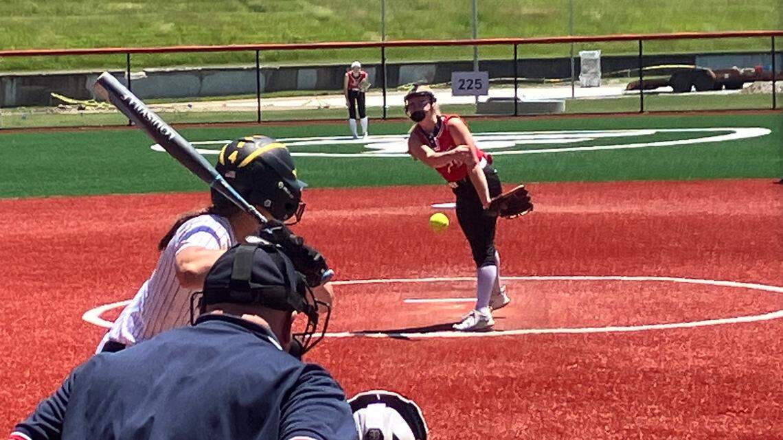 Mathews pitcher Olivia Matheny fires a pitch Thursday in a state semifinal game against Monroeville.