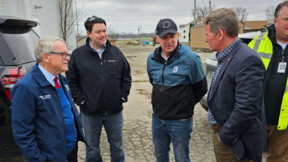 Ohio Senate President Matt Huffman (second from right) and Sen. Rob McColley (second from left) joined Gov. Mike DeWine (left) recently after a tornado ripped through the Indiana Lake community.
