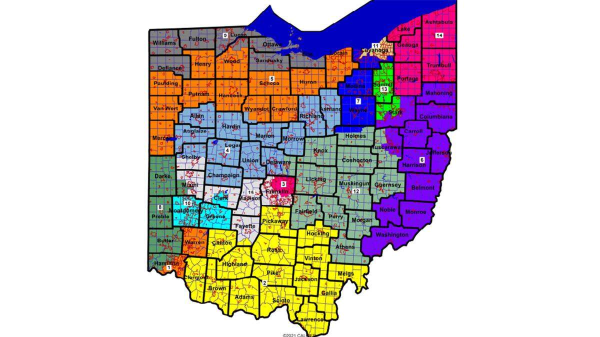 Shown here is Ohio’s proposed U.S. congressional district map, approved by the Ohio Redistricting Commission on March 2, 2022.