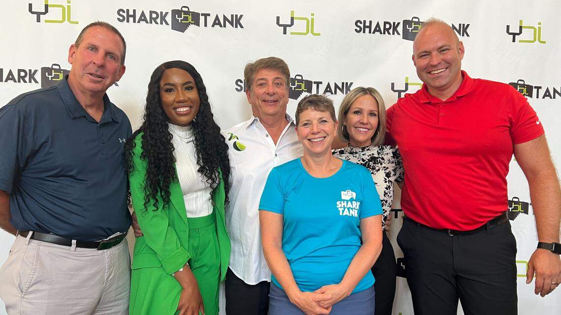 2024 YBI Celebrity Sharks (Left to right): Bo Pelini (American football coach, Former player, & Investor), Ashley Vidale (CEO of Sapphire Aesthetics and Wellness), Sam Boak (President and Founder of Boak & Sons, Inc.), YBI CEO Barb Ewing, Stacy Howlett (president & CEO of Howlett Logistics, President of Howlett Holdings, Vice President of Howlett Restaurant Group, & Vice President of Howlett Racing), and MC for YBI Shark Tank, Steve Vesey with WFMJ