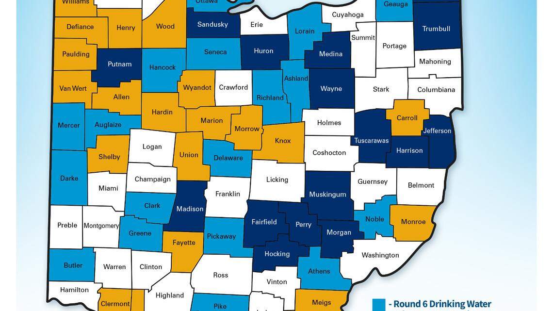 Ohio map with counties receiving grants highlighted.
