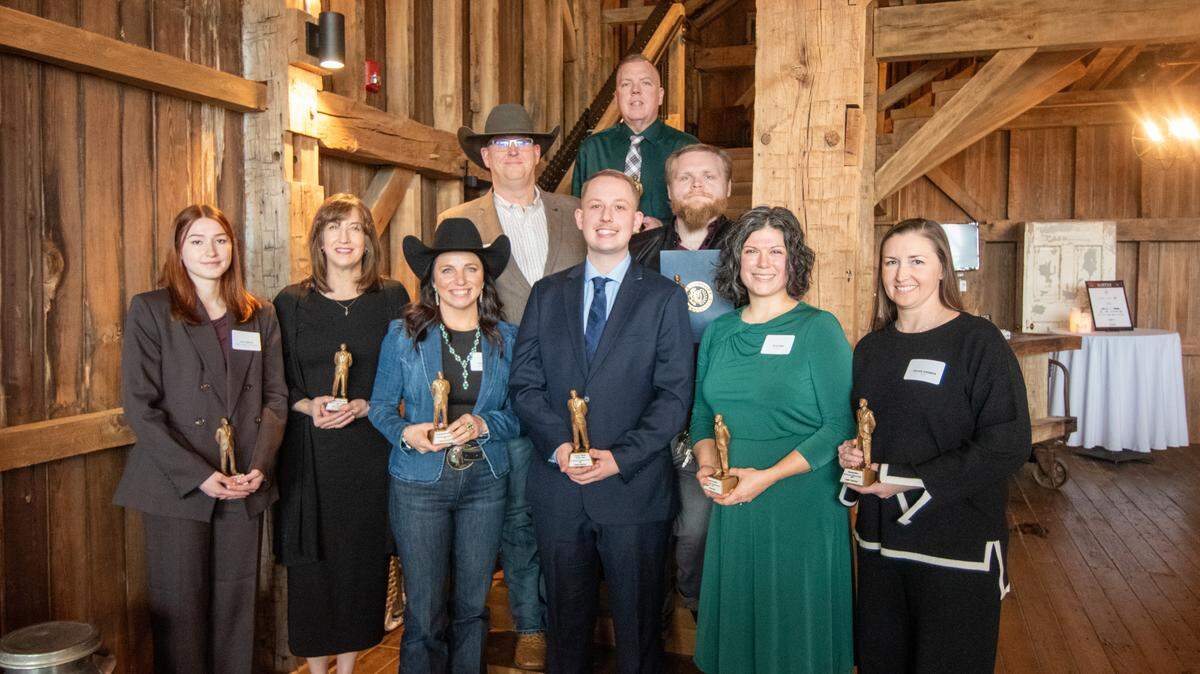 The Columbiana Area Chamber of Commerce on Thursday recognized nine award recipients during the 73rd Annual Harvey Awards at The Barn at Firestone. They are, front row, from left, Lilly Quetot, Main Street Esthetics, Young Entrepreneur of the Year Award; Amanda Moore, Joshua Dixon Elementary, Educator of the Year Award; Ashley Tyler, Garwood Arena, Business of the Year Award; Dylan Fletcher, Young Citizen of the Year Award; and Katie King and Taylor Yuhanick, Unsung Hero Award. In the middle row, from left, are Justin Garwood, Garwood Arena, Business of the Year, and Brian Frederick, The Eldritch Bazaar, Business Development Award. In the back is Michael Clark, Citizen of the Year Award.