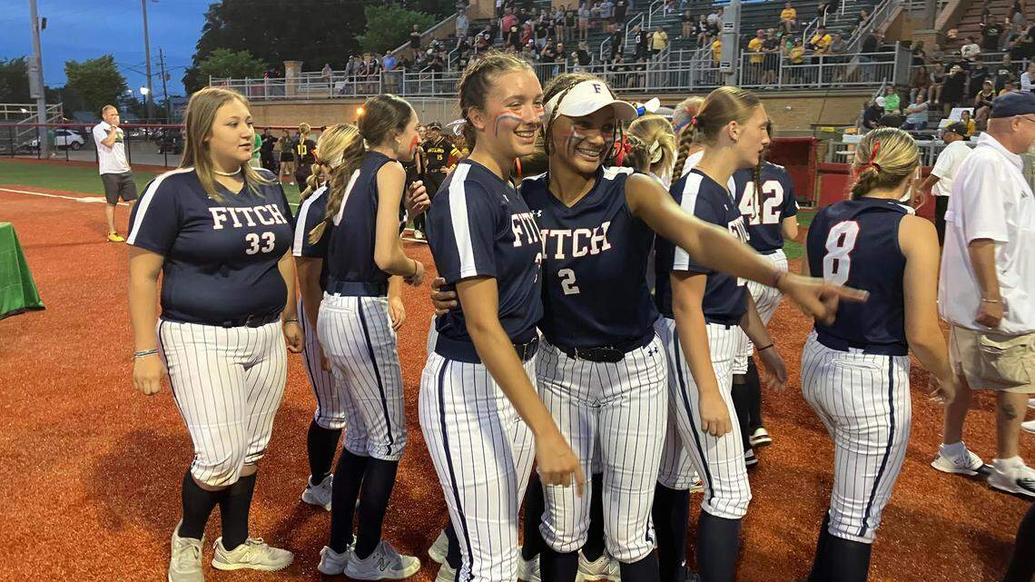 Austintown Fitch players celebrate after winning the school’s second straight state title on Saturday.