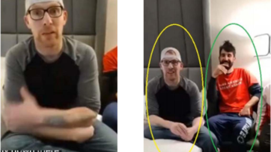 Stephen Ayres, 38, of Warren, circled in yellow, and an unidentified man, circled in green, appear in a video posted to social media admitting to being in the U.S. Capitol Building during the deadly riot on Jan. 6.