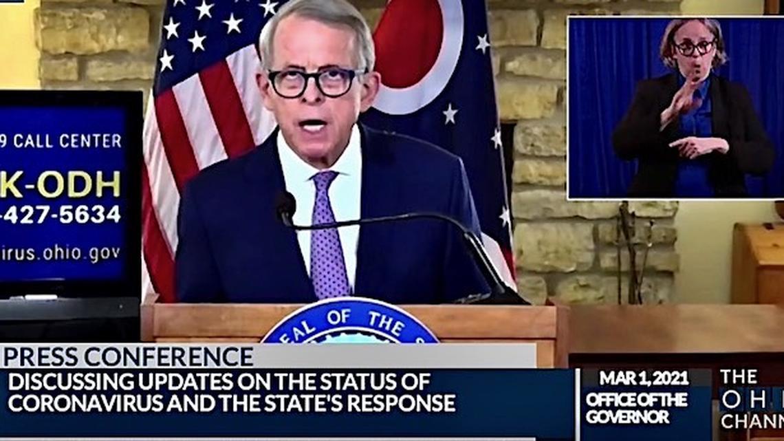 Gov. Mike DeWine during the state's coronavirus update on Monday, March 1, 2021.