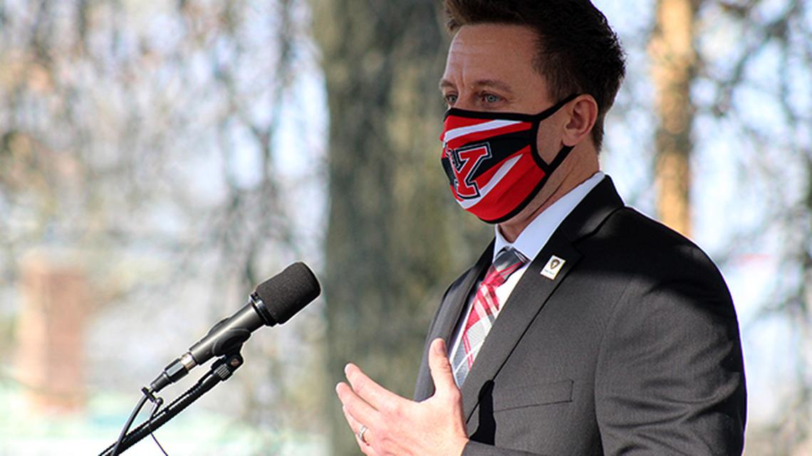 Mahoning County Health Commissioner Ryan Tekac addresses members of Canfield's COVID-19 defense force during a meeting Friday, Nov. 20, 2020. (Justin Dennis | Mahoning Matters)