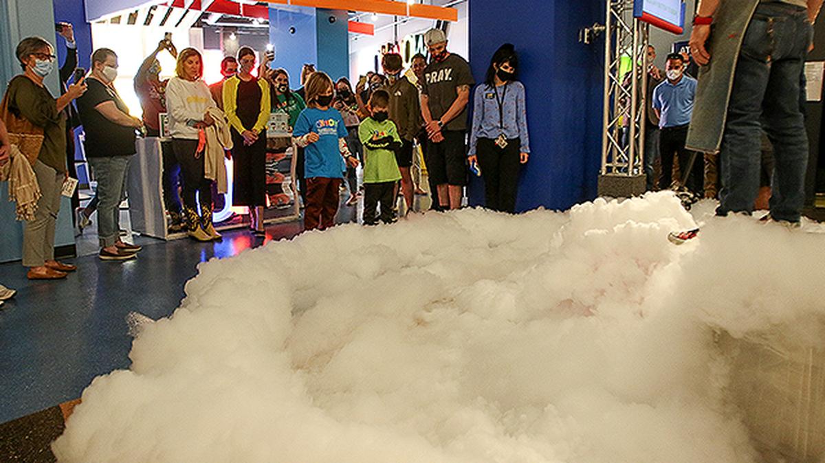 OH WOW! The Roger & Gloria Jones Children’s Center for Science & Technology in downtown Youngstown reopened Saturday. Instead of a traditional ribbon-cutting ceremony to mark the reopening, Ralf Urbach, director of education and outreach, used liquid nitrogen and water to create a cloud that enveloped the visitors. (Robert K. Yosay | Mahoning Matters)