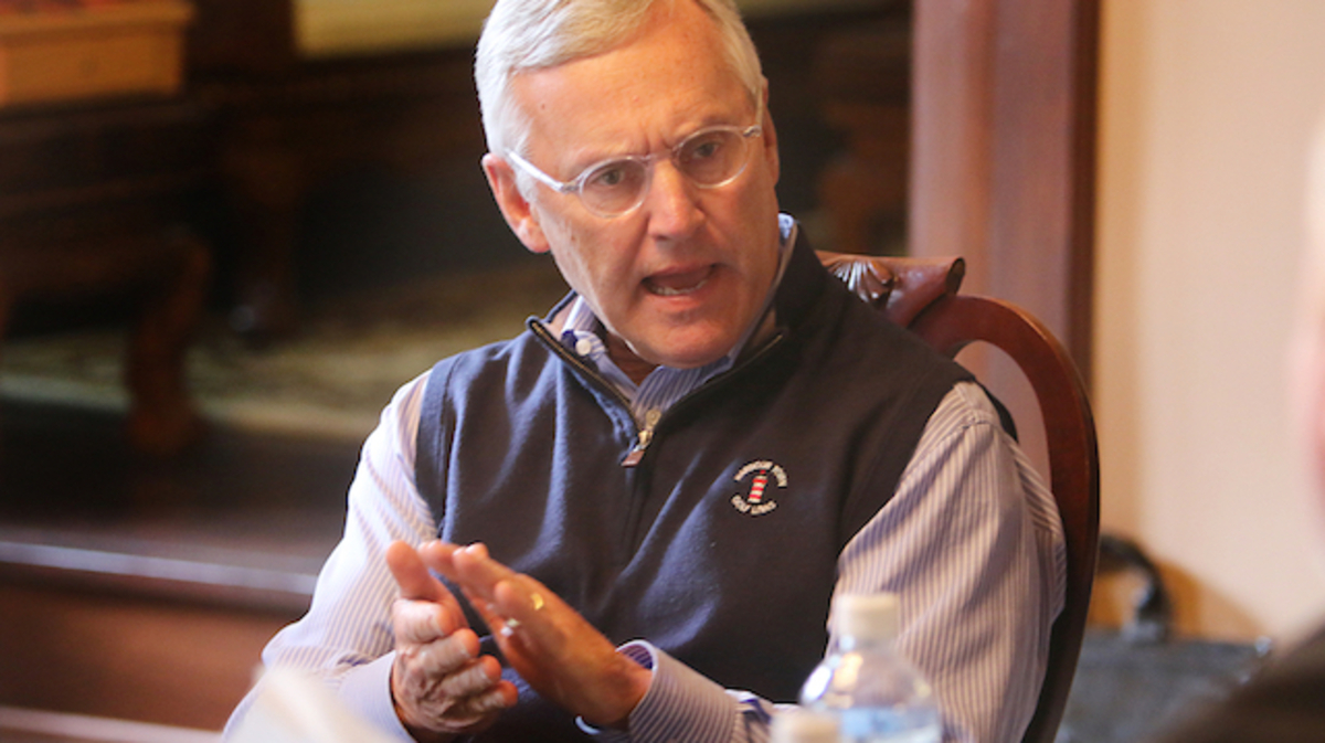Youngstown State University President Jim Tressel discusses how the university must help meet the needs of the new Lordstown Motors Corp. during and energy round table at the Pollock House on March 6, 2020. (Bob Yosay/Mahoning Matters) 
