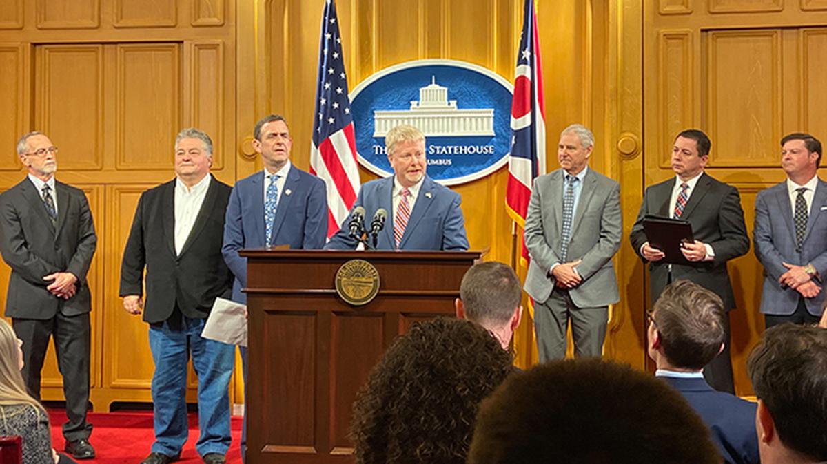 From left to right: Sam Spofforth, executive director of Clean Fuels Ohio; Trumbull County Commissioner Dan Polivka; State Sens. Michael Rulli of Salem, R-33rd, and Sean O'Brien of Bazetta, D-32nd; Lordstown Motors Corp. CEO Steve Burns; and representatives from General Motors and Ford Motor Company took questions during a media conference Tuesday, Dec. 17, 2019 at the Ohio Statehouse in Columbus on a bill sponsored by O'Brien and Rulli that would establish tax credits for electric vehicle purchases in the state.