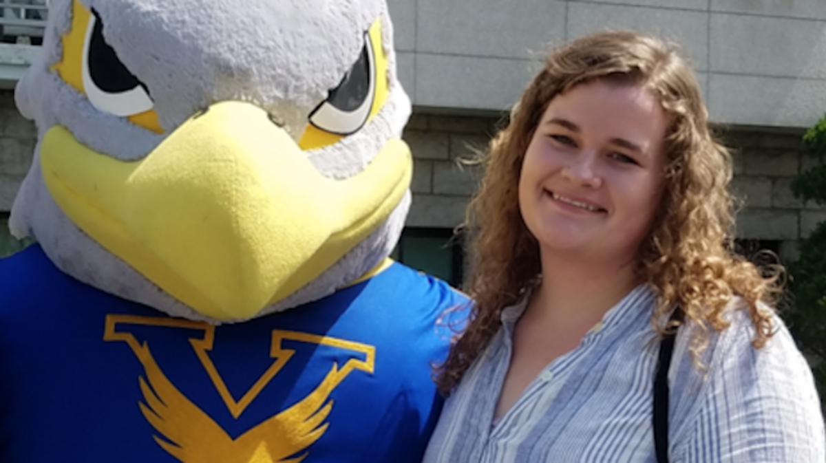 YSU student and newly-named Fulbright Scholar Emily Henline stands with the mascot for Yonsei University in South Korea in 2017. (Youngstown State University)