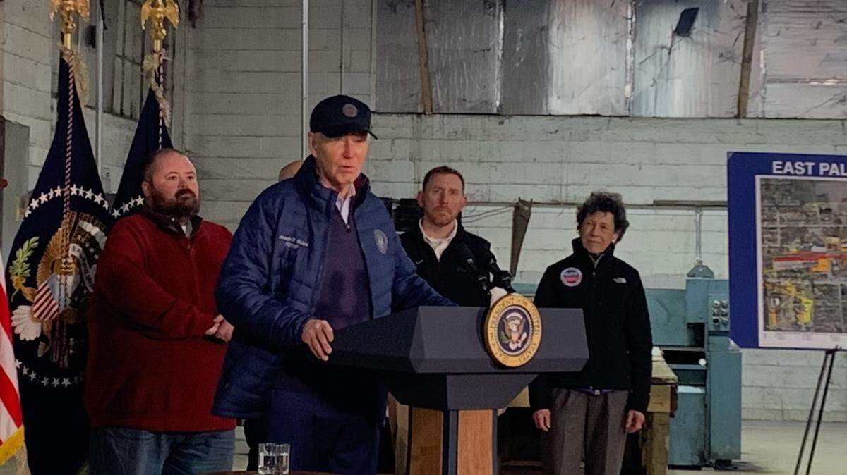 President Biden speaks to East Palestine community members Friday during a visit.