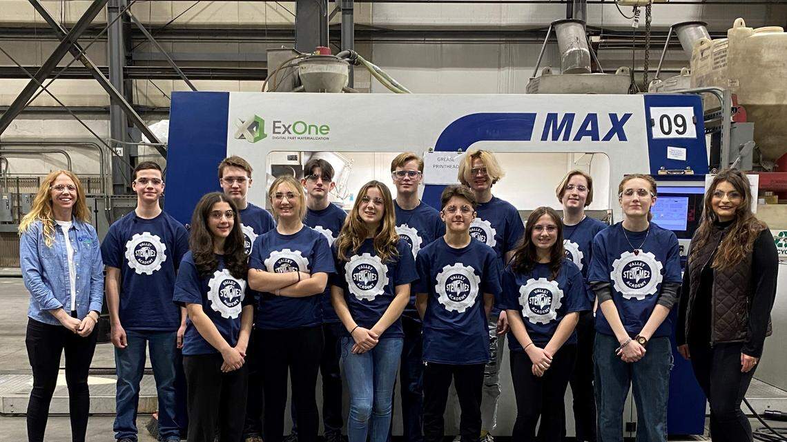 Back row, from left: Melanie Brock- STEM Teacher, Taylor Perry, Cooper Terziu, Wyatt Wilson, Rigdon Windsor, Alex Baumeier, Ivy Webster ;Front row, from left, Liana Ilain, Kendall Timko, Sofia Elia, Cooper Brinsko, Alyson Gromen, Stella Alleman, Lynnette Brown- STEM Teacher