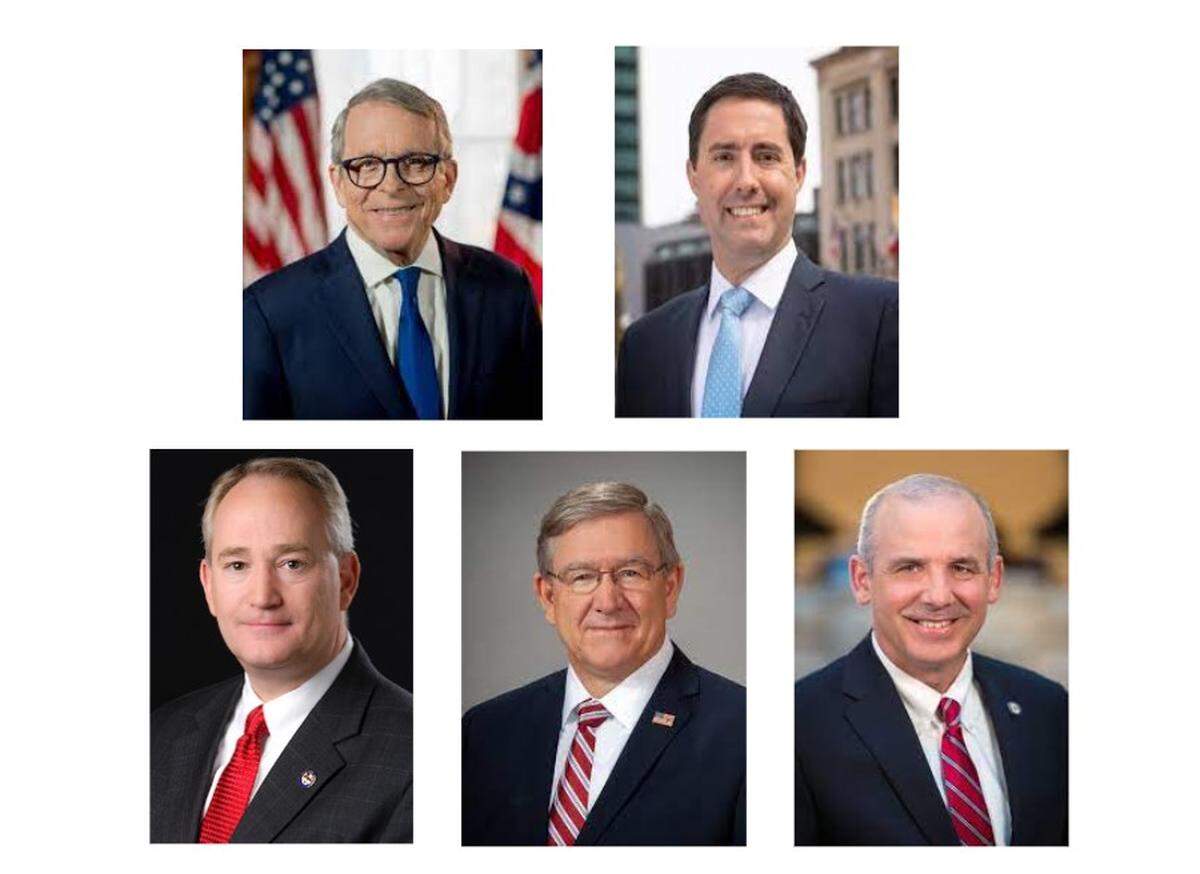 The Republican majority members of the Ohio Redistricting Commission in 2021 and 2022. Top row from left, Ohio Gov. Mike DeWine and Secretary of State Frank LaRose. Bottom row from left Ohio Auditor Keith Faber, House Speaker Bob Cupp, and Senate President Matt Huffman. Official photos.