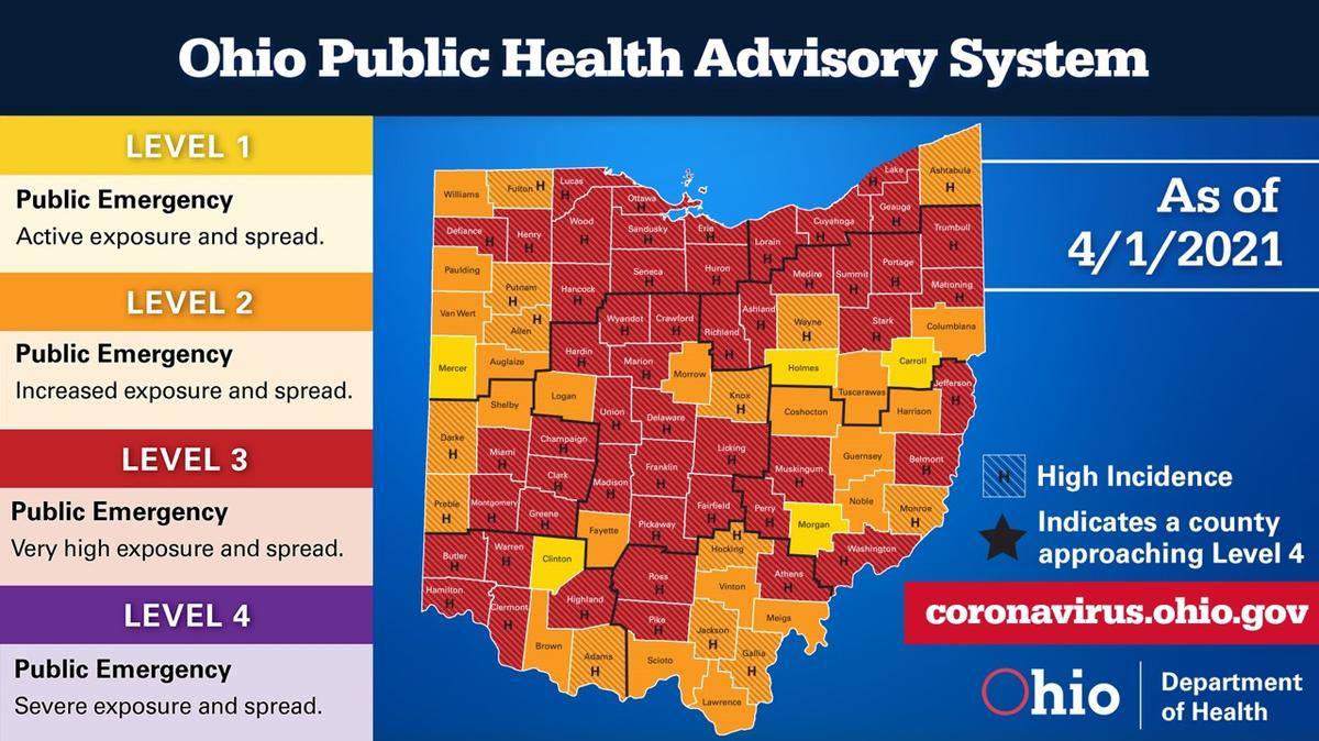 Ohio Public Health Advisory System map on April 1, 2021.
