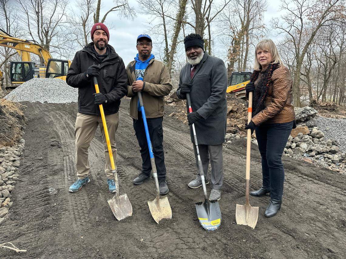(left to right) Ian Beniston, YNDC executive director, First Ward Councilman Julius Oliver, Mayor Jamael Tito Brown and Debora Flora, the executive director of the Mahoning County Land Bank break ground on phase two of the Bernard Street project.