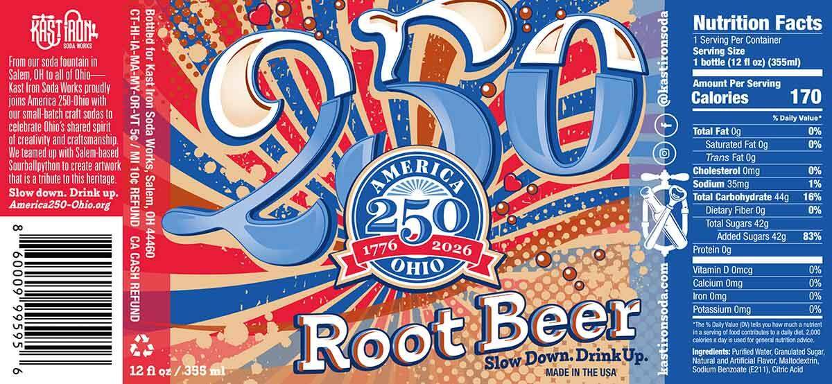 As part of the statewide 250th anniversary, Kast Iron Root Beer and Kast Iron Vanilla Cola are available in exclusive America 250 bottles.