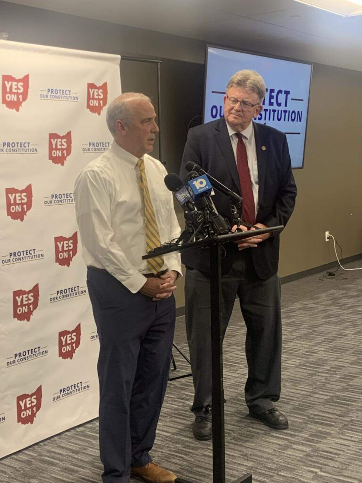 Ohio Senate President Matt Huffman, R-Lima, and Ohio Rep. Jim Hoops, R-Napoleon, speak to the media about the results of the August special election on Aug. 8.