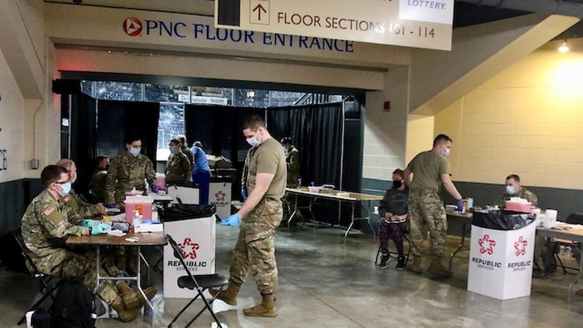More than 500 COVID-19 vaccines were dispensed at the Covelli Centre in downtown Youngstown Tuesday with help from the Ohio National Guard. (Bob Yosay | Mahoning Matters)