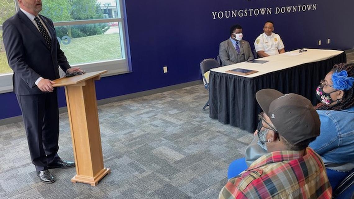 Ohio Attorney General Dave Yost visited the Covelli Centre today to present an award to the family of Victoria Allen, a community activist who died Sept. 21 at age 49. (Robert Yosay | Mahoning Matters)