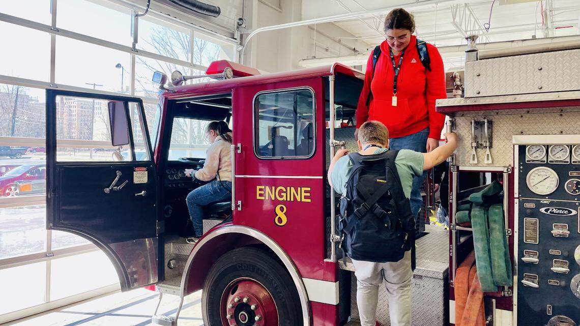 Youngstown City scholars check out Choffin’s Public Safety Academy vehicle fleet which includes a fire truck, police car, and ambulance.