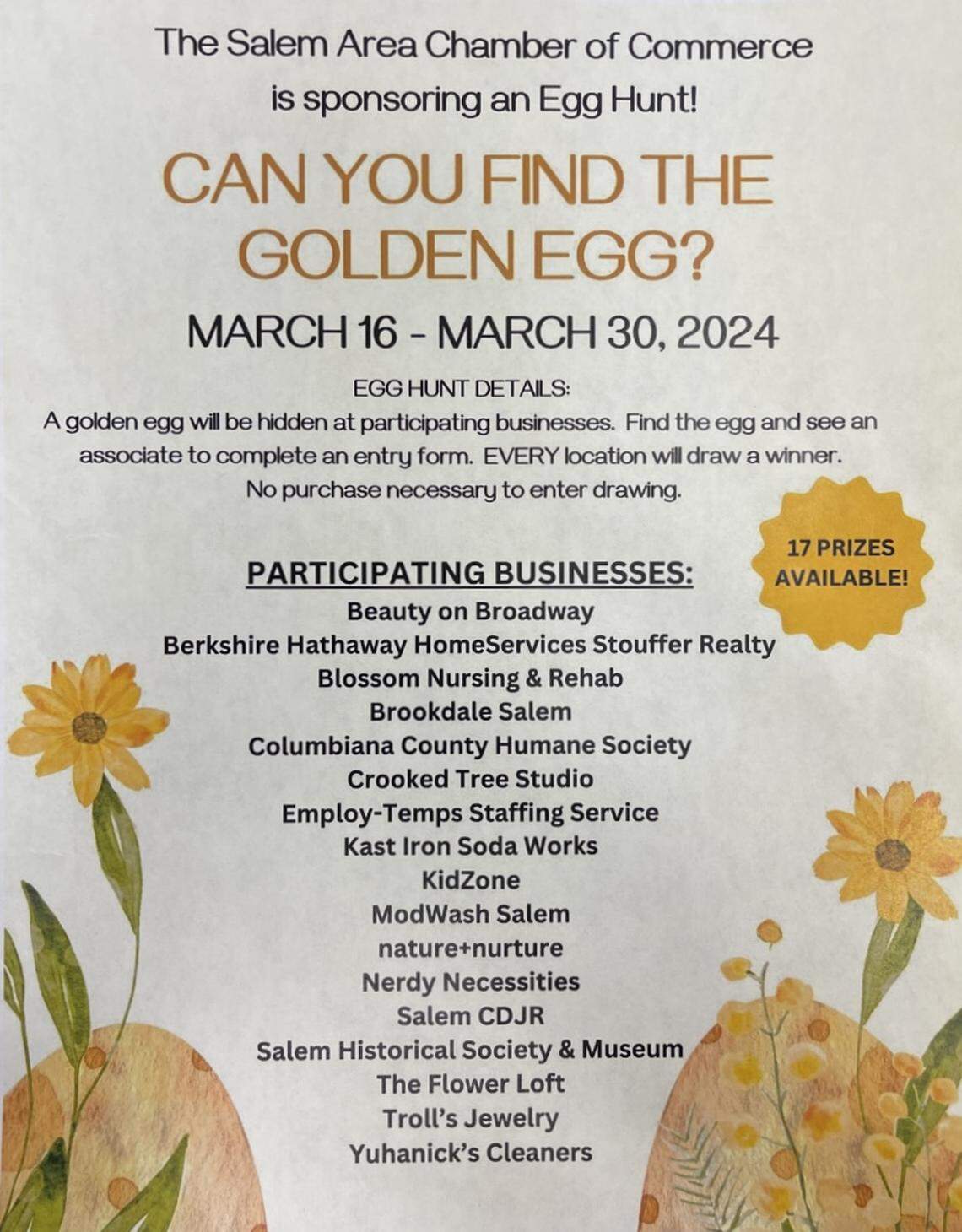 Salem Area Chamber of Commerce is sponsoring a golden egg scavenger hunt with 17 local businesses through March 30.