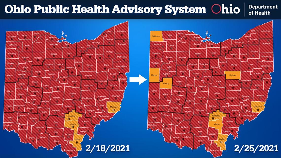 Ohio Public Health Advisory System map on Feb. 25, 2021