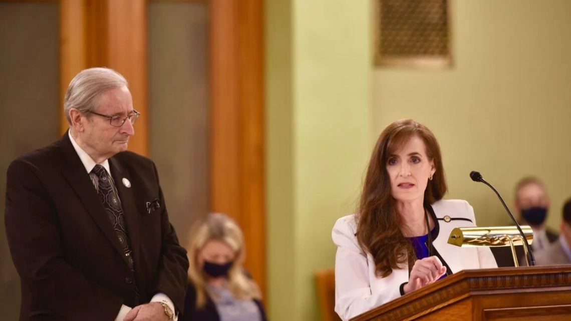 Ohio state Sen. Theresa Gavarone, R-Bowling Green, delivers testimony before a Senate committee at the state Capitol in Columbus, Ohio.