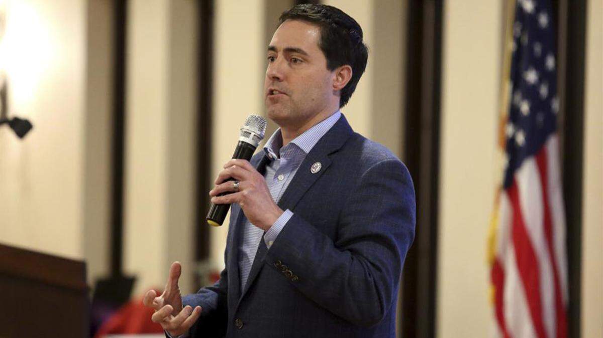 Ohio Secretary of State Frank LaRose speaks at the Fairfield County Lincoln Republican Club banquet in Pickerington, Ohio, on March 24.