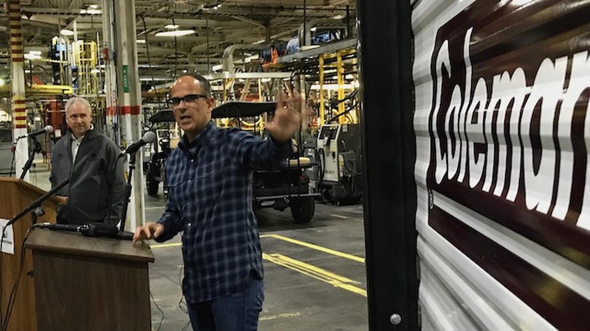 Marcus Lemonis, CEO of Camping World (right), announced a service partnership with Lordstown Motors Corp. during a joint press conference with Lordstown Motors CEO Steve Burns Tuesday, Dec. 15, 2020, at the Hallock Young Road plant. (Robert K. Yosay | Mahoning Matters)