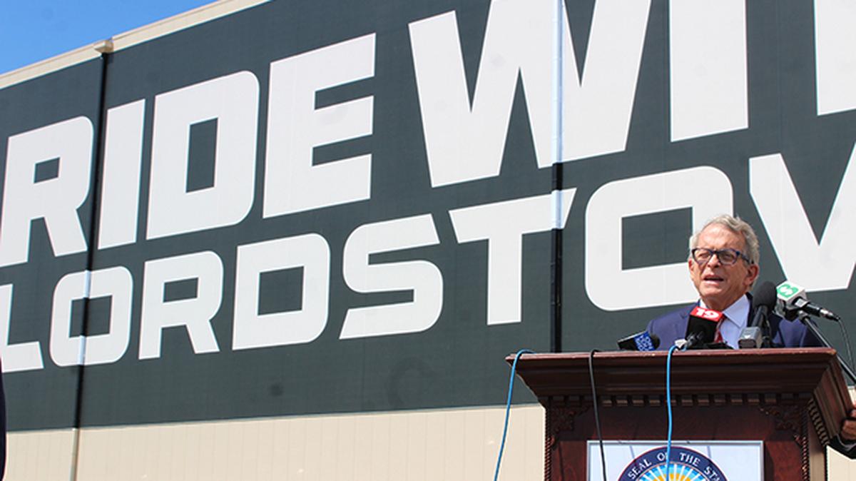 Gov. Mike DeWine speaks outside Lordstown Motor Corp.'s Hallock Young Road plant on Wednesday, June 24, 2020. (Justin Dennis | Mahoning Matters)