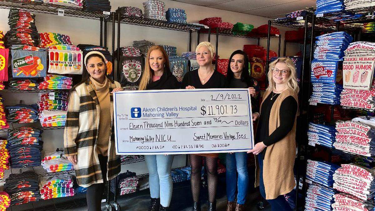 From left are Jillian Chahine, Akron Children’s Hospital Mahoning Valley representative; Crystal Herbert; Linda Barton, founder of Sweet Memories Vintage Tees; Sonya McKelvey; and Abbie Scoville.