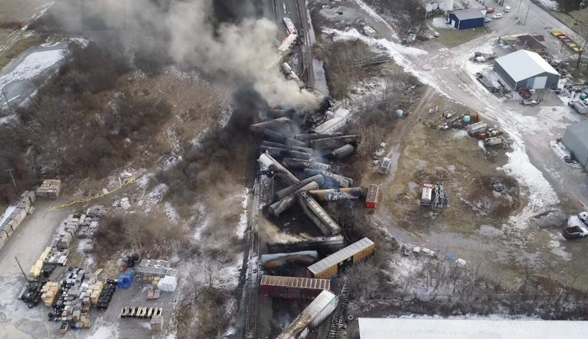 Aerial view of the train derailment wreckage in East Palestine. 