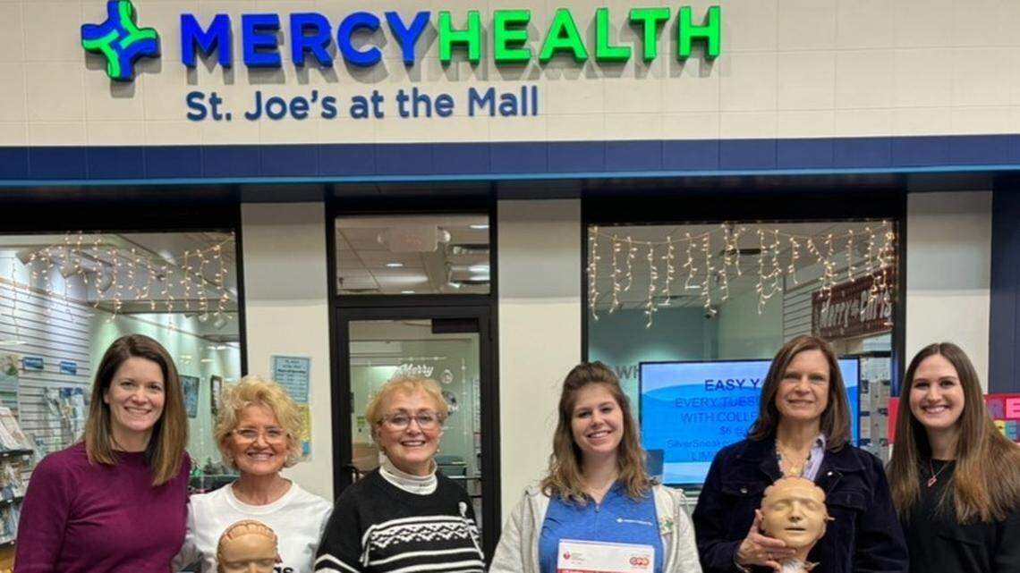 Team at St. Joe’s at the Mall ( Mercy Health - Youngstown) with donated Hands-Only CPR demonstration tools from the Cafaro Foundation.
