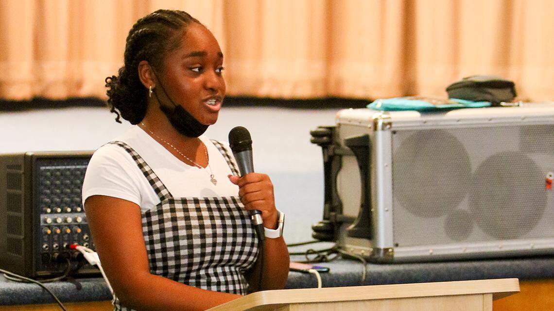 Bethany Boykin, 14, a Liberty High School sophomore, speaks during a Trumbull NAACP-sponsored event about&nbsp;gun violence on Sunday, July 10, 2022, in Warren.