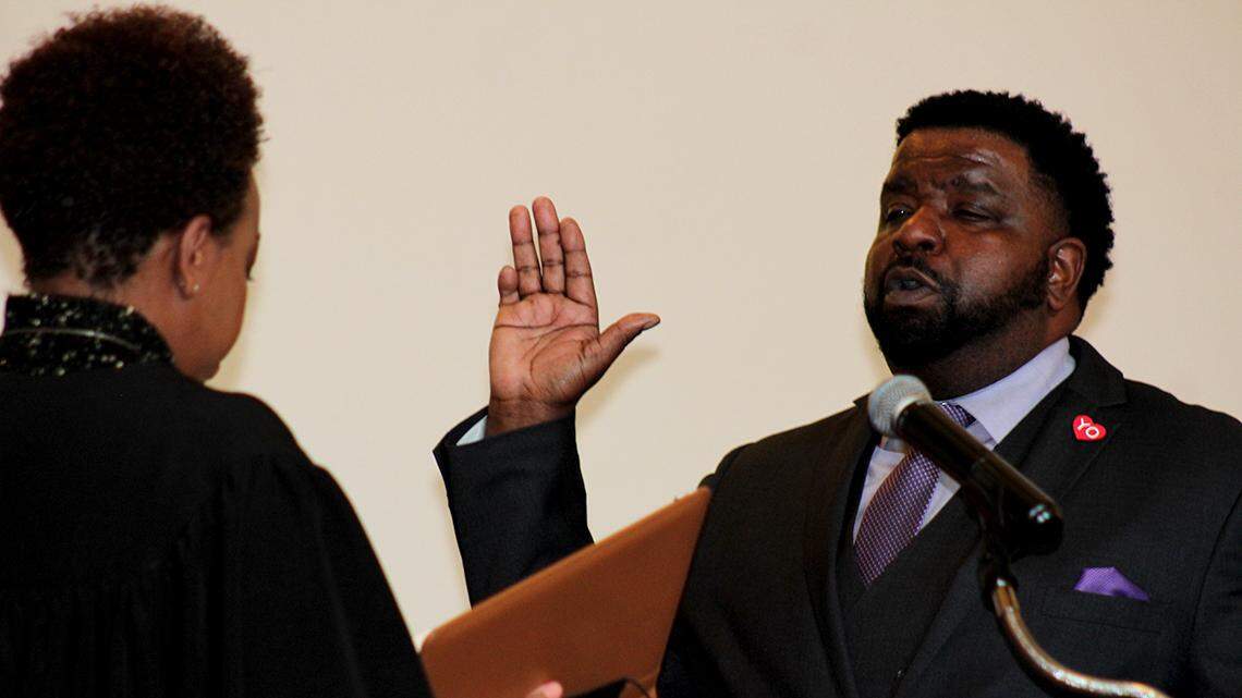 Youngstown Mayor Jamael Tito Brown (right) takes the oath of office for his second mayoral term, led by Youngstown Municipal Court Judge Carla Baldwin, on Wednesday, Dec. 29, 2021, at Union Baptist Church in Youngstown.