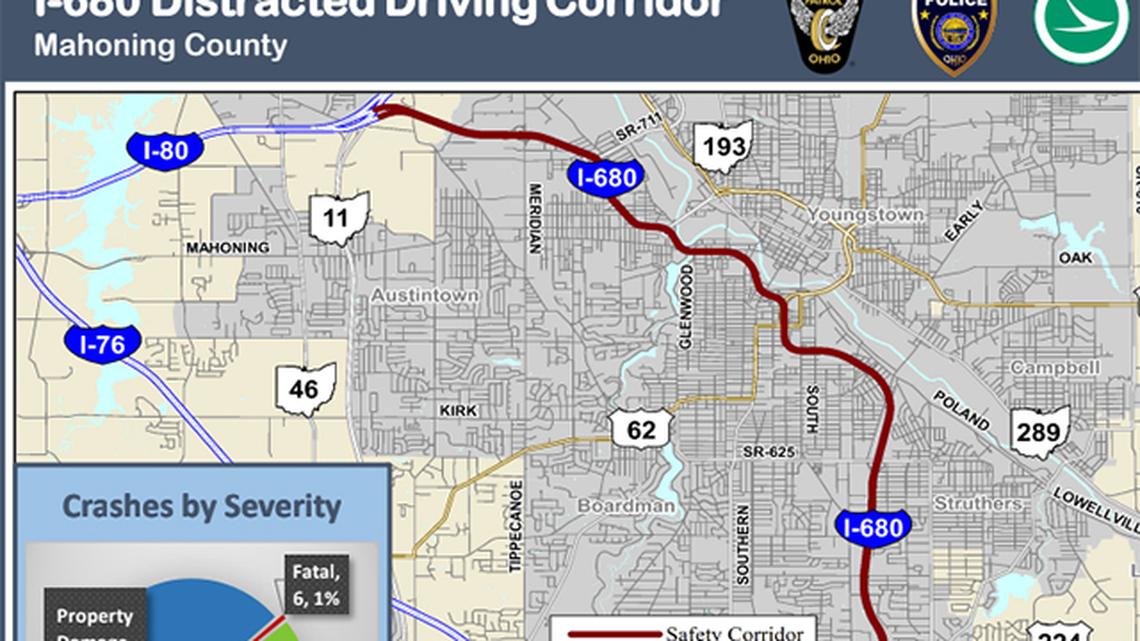 Shown here is a Distracted Driving Corridor now in effect along Interstate 680 between Lanterman Road and U.S. Route 224. Officials announced new signage and enhanced distracted driving enforcement along this 11-mile stretch during a Friday, April 23, 2021 briefing.