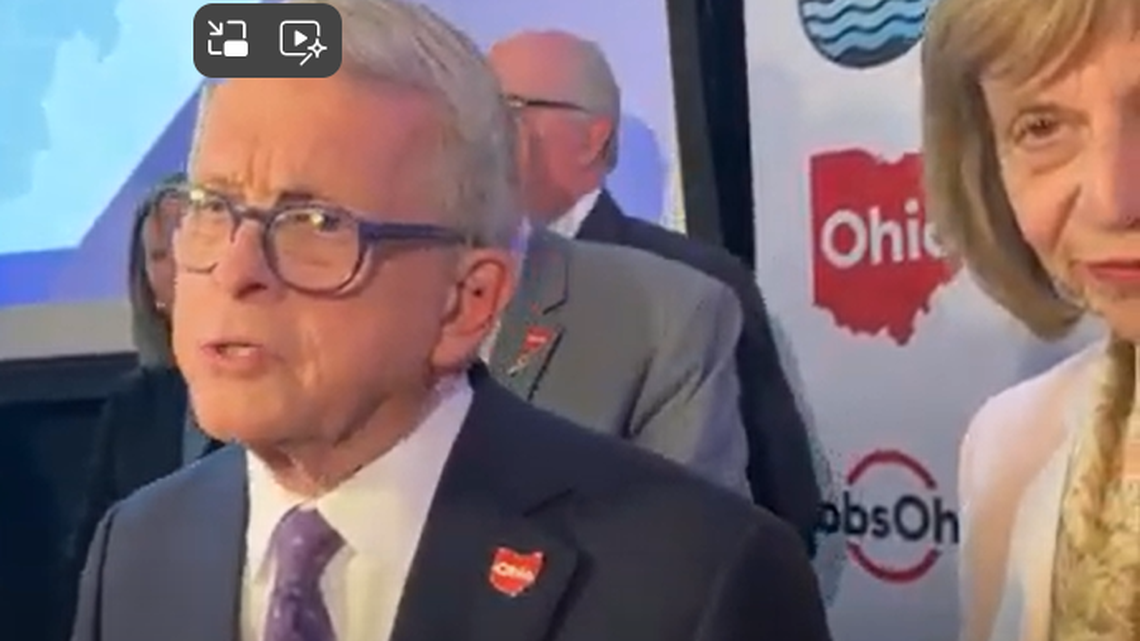 Ohio Gov. Mike DeWine talks during a press conference Wednesday at Eastwood Event Centre in Niles.