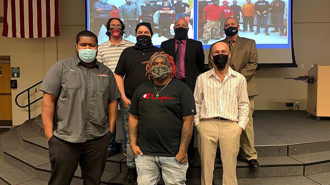 Automotive technology students in Mahoning County Career and Technical Center’s Adult Career Center who recently completed their training program are, front row from left, Deval’dae Patterson, Marcus Merchant and Jesse Bowlen; and middle row, Jeremy Stanley. In the back row, from left, are instructors John Anicas, David Thirion and Marc Silvestri. Not pictured is Arthur Williams. (Contributed photo)
