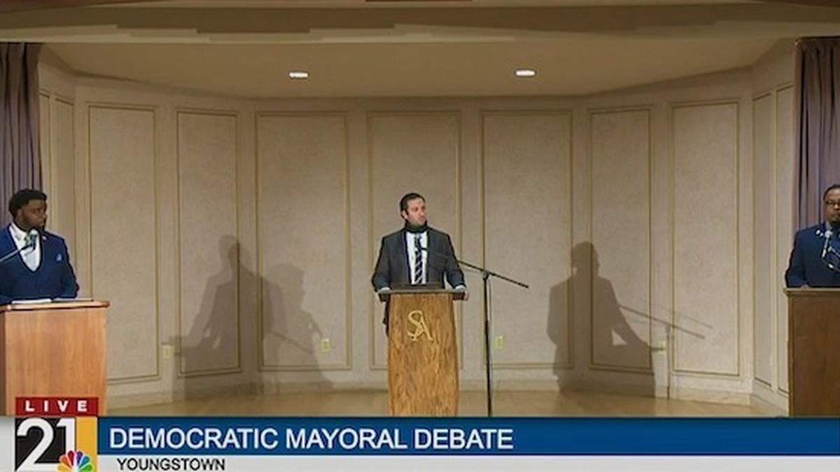 Youngstown mayoral candidates Jamael Tito Brown, Ryan Kelly and Julius Oliver met for a debate hosted by 21 WFMJ-TV at Stambaugh Auditiorium on Monday. 