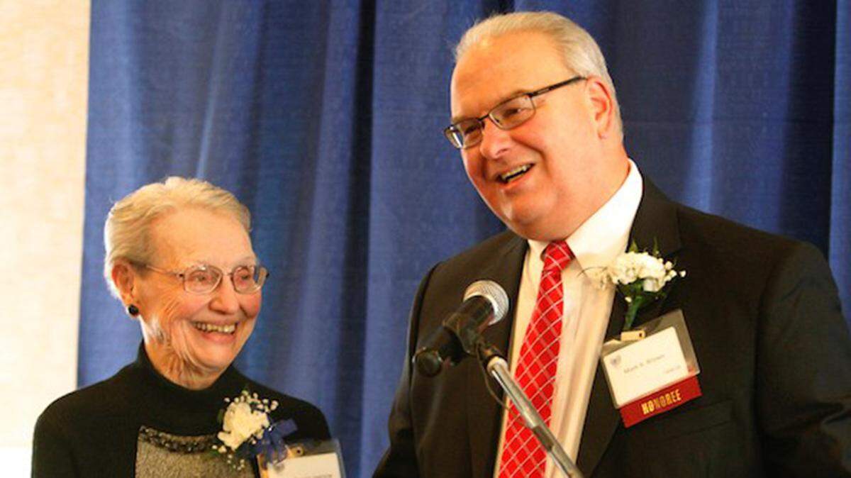Betty Jagnow, former publisher of Youngstown’s Vindicator newspaper (left), and her son Mark Brown, former general manager of the newspaper, appear during the Association of Fundraising Professionals Mahoning-Shenango Chapter’s National Philanthropy Day luncheon in November 2020. Jagnow died in February 2022. She was 92.