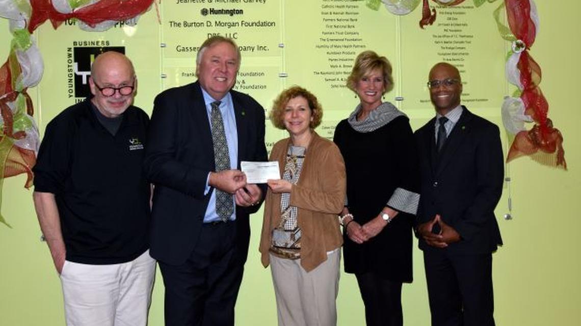 From left are James Cossler, Huntington Bank entrepreneur in residence; William Shivers, regional president of Huntington Bank Canton and Mahoning Valley; Barb Ewing, CEO of the Youngstown Business Incubator; and Sandy Upperman and Barãta Bey of Huntington Bank. (Contributed photo)